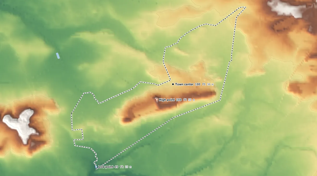 Topographic elevation map of Juliustown, New Jersey, shaded from 49 ft on the southwest side to 180 ft on Mount Pisgah