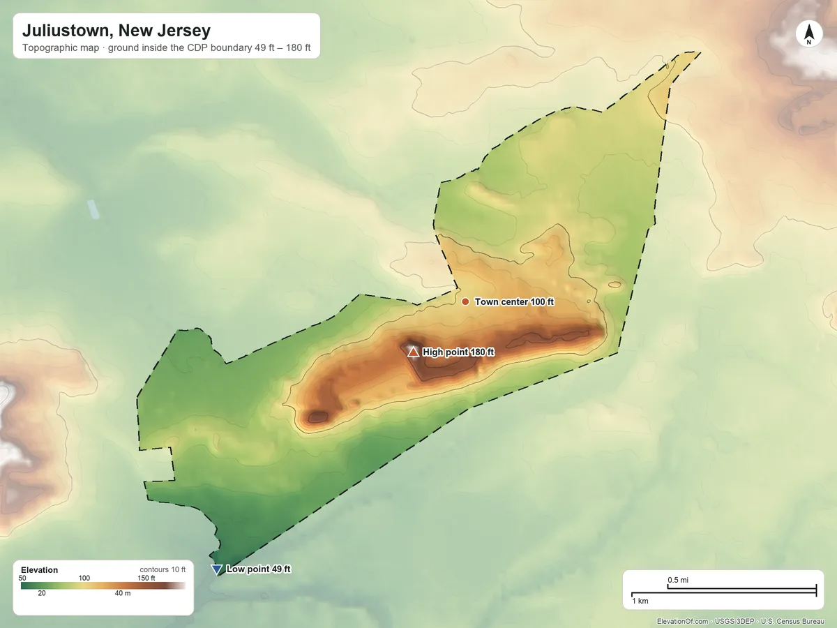 Topographic elevation map of Juliustown, New Jersey, shaded from 49 ft on the southwest side to 180 ft on Mount Pisgah