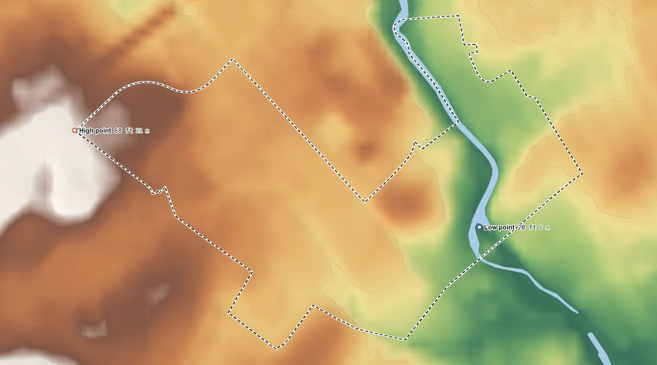 Topographic elevation map of Kean University, New Jersey, shaded from 20 ft on the east side to 68 ft on the northwest side