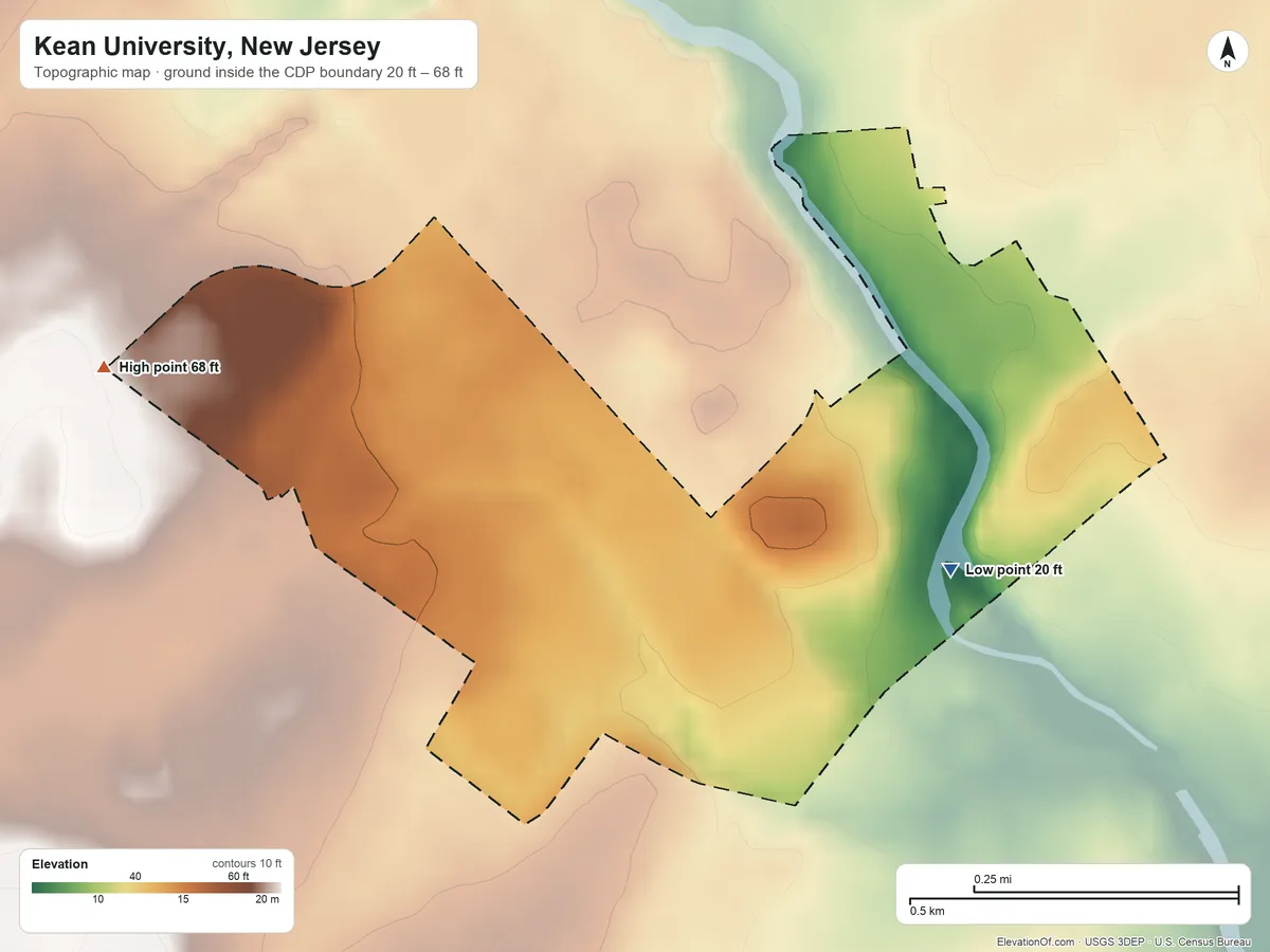 Topographic elevation map of Kean University, New Jersey, shaded from 20 ft on the east side to 68 ft on the northwest side