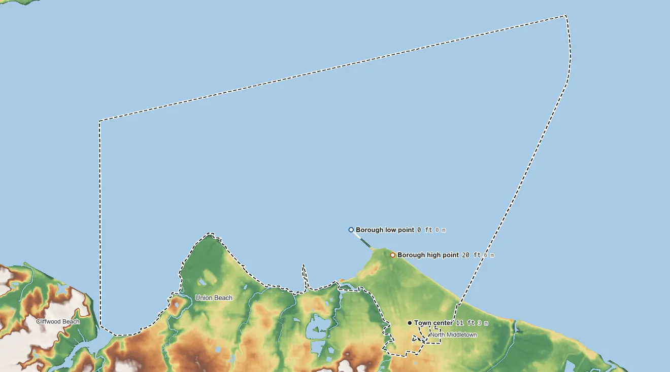 Topographic elevation map of Keansburg, New Jersey, shaded from sea level level on Raritan Bay to 20 ft on the north side
