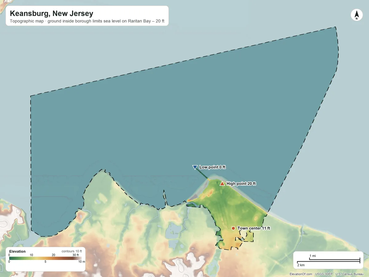 Topographic elevation map of Keansburg, New Jersey, shaded from sea level level on Raritan Bay to 20 ft on the north side