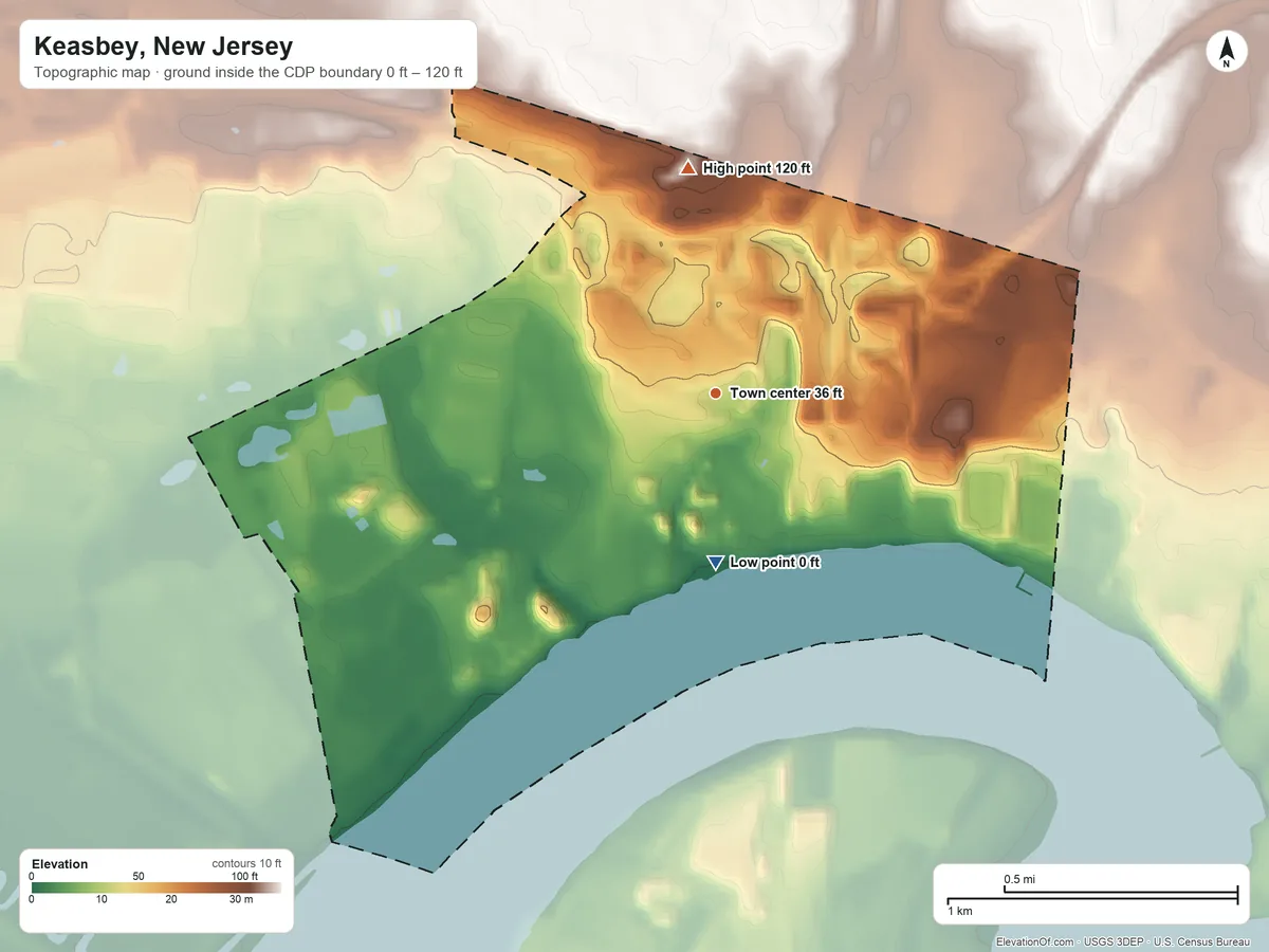 Topographic elevation map of Keasbey, New Jersey, shaded from 0 ft on the south side to 120 ft on the north side