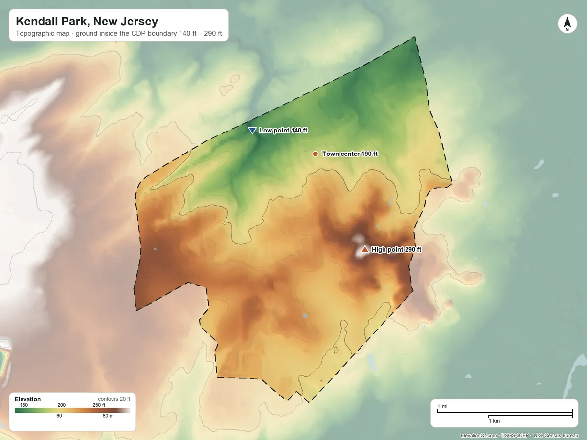 Topographic elevation map of Kendall Park, New Jersey, shaded from 140 ft on the west side to 290 ft on the southeast side