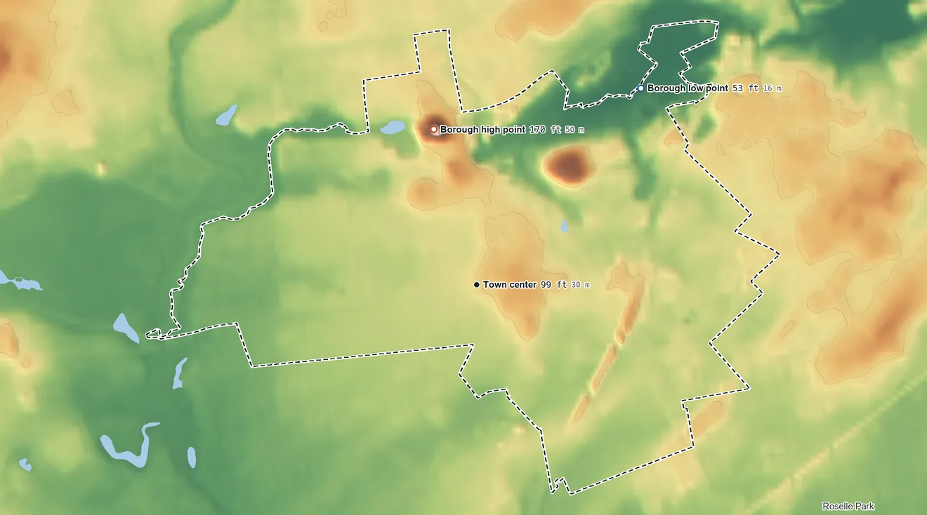 Topographic elevation map of Kenilworth, New Jersey, shaded from 53 ft on the northeast side to 170 ft on the north side