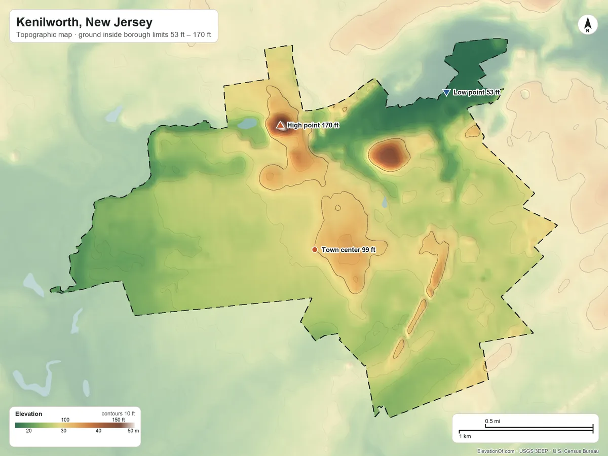 Topographic elevation map of Kenilworth, New Jersey, shaded from 53 ft on the northeast side to 170 ft on the north side