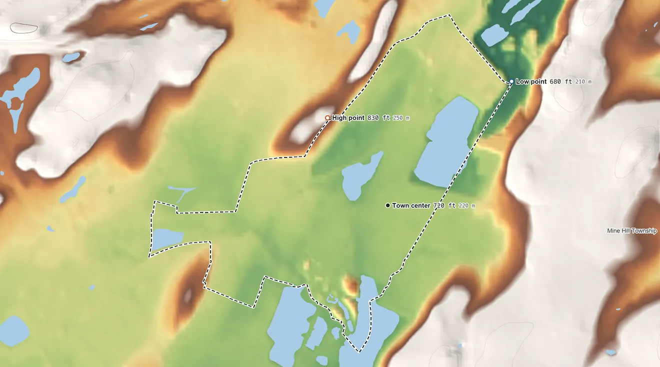 Topographic elevation map of Kenvil, New Jersey, shaded from 680 ft on the northeast side to 830 ft on the northwest side