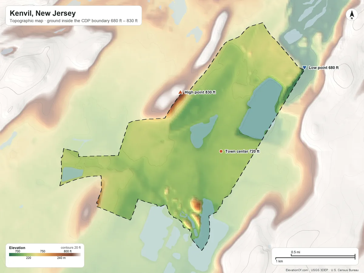 Topographic elevation map of Kenvil, New Jersey, shaded from 680 ft on the northeast side to 830 ft on the northwest side