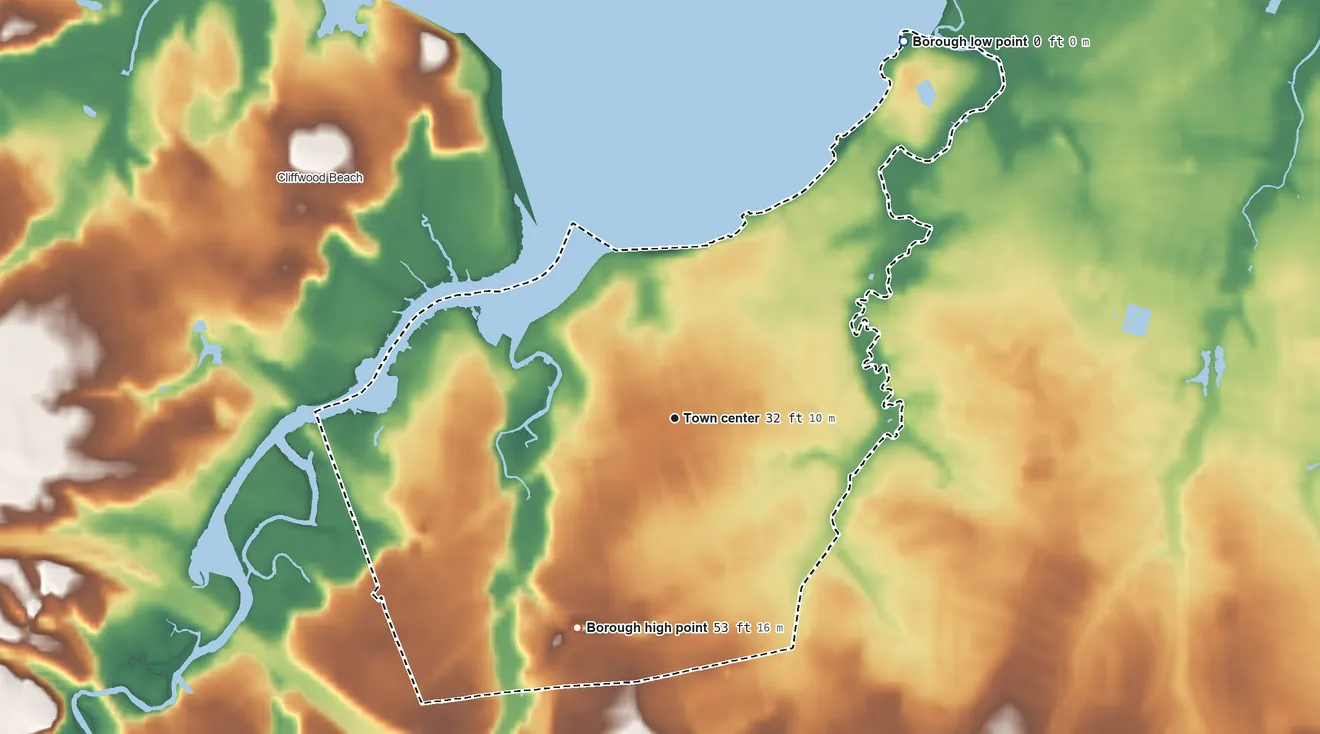 Topographic elevation map of Keyport, New Jersey, shaded from sea level level on Raritan Bay to 53 ft on the southwest side