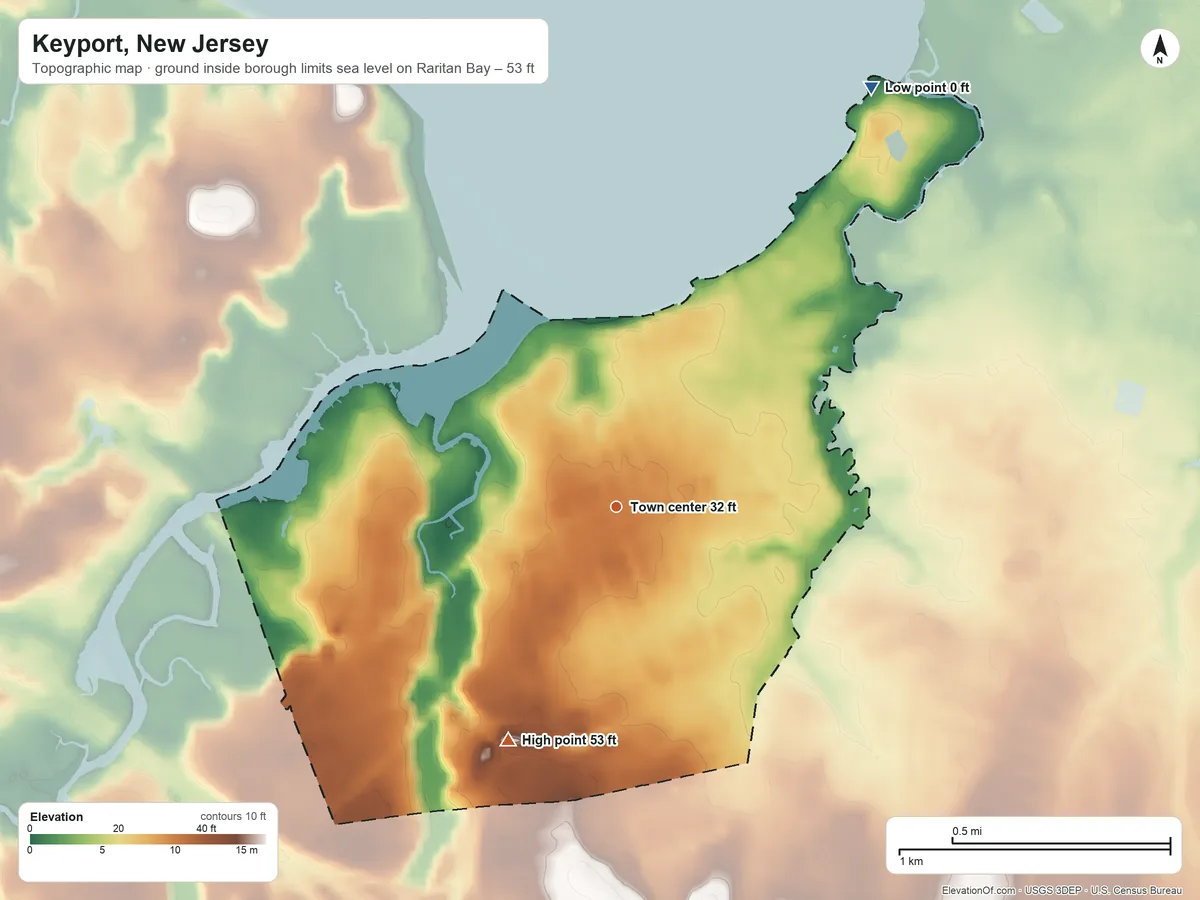 Topographic elevation map of Keyport, New Jersey, shaded from sea level level on Raritan Bay to 53 ft on the southwest side