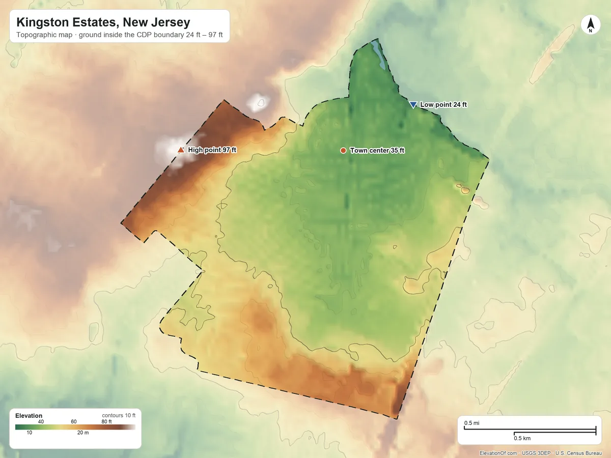 Topographic elevation map of Kingston Estates, New Jersey, shaded from 24 ft on the northeast side to 97 ft on the west side