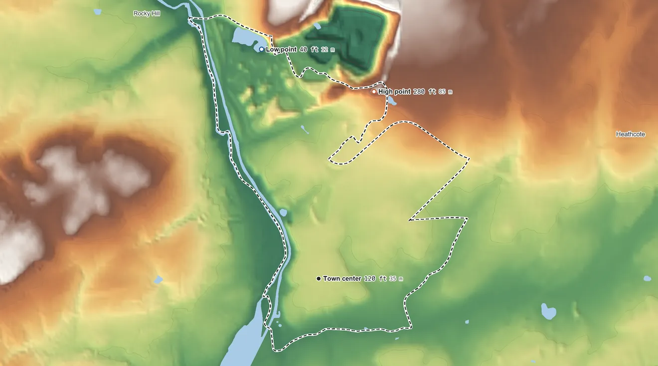 Topographic elevation map of Kingston, New Jersey, shaded from 40 ft on the north side to 280 ft on the north side