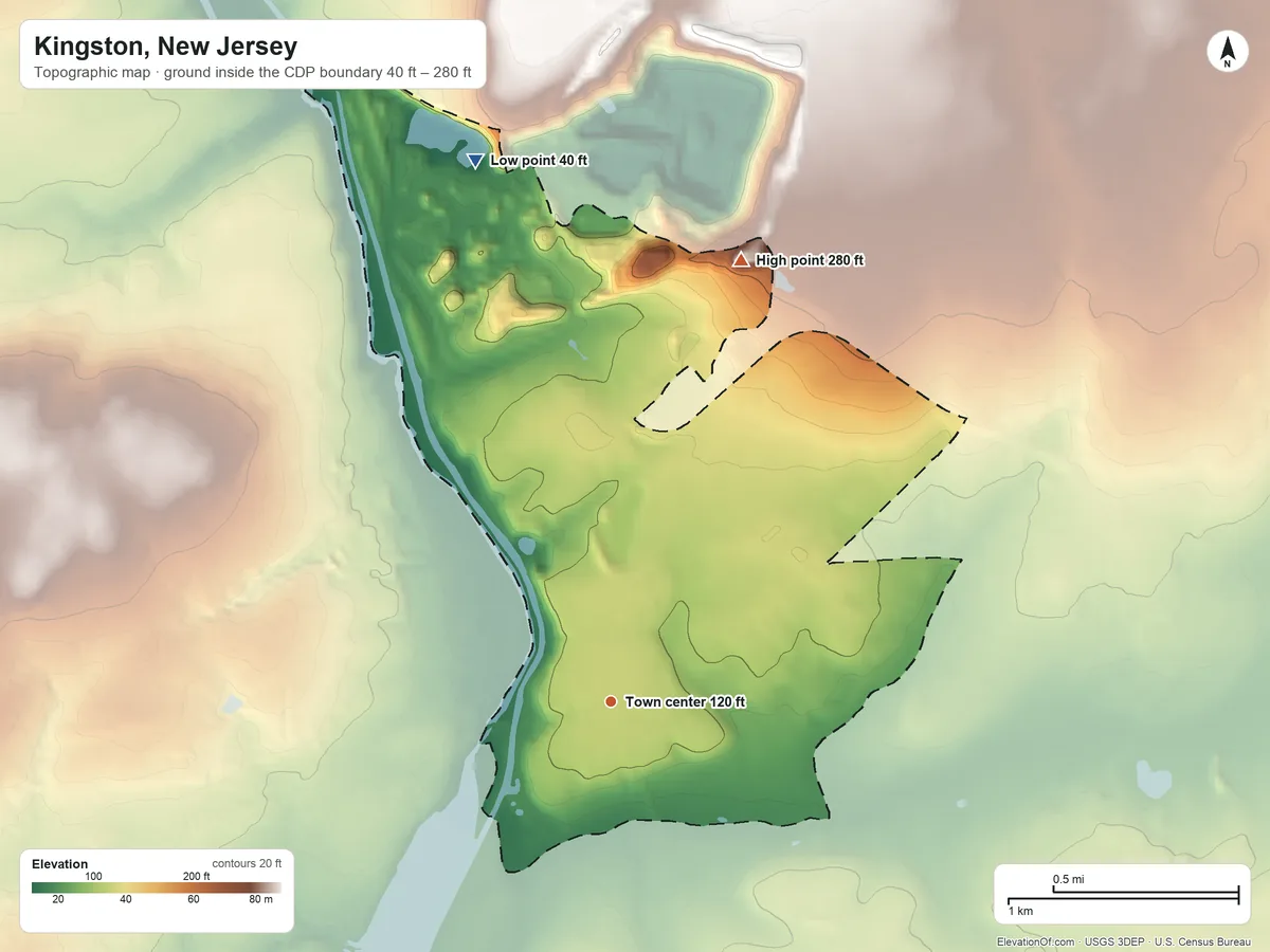 Topographic elevation map of Kingston, New Jersey, shaded from 40 ft on the north side to 280 ft on the north side