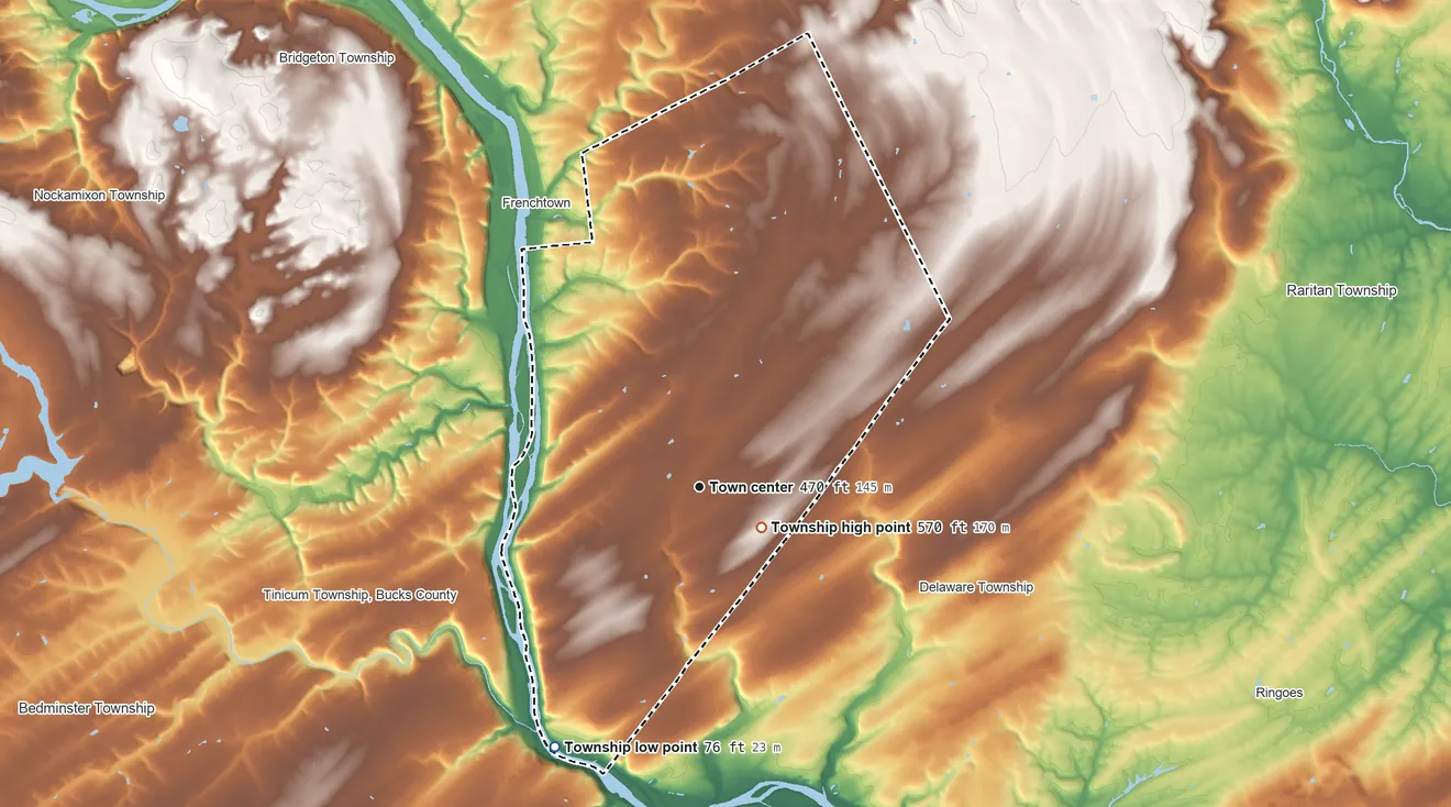 Topographic elevation map of Kingwood Township, New Jersey, shaded from 76 ft on the southwest side to 570 ft near the middle