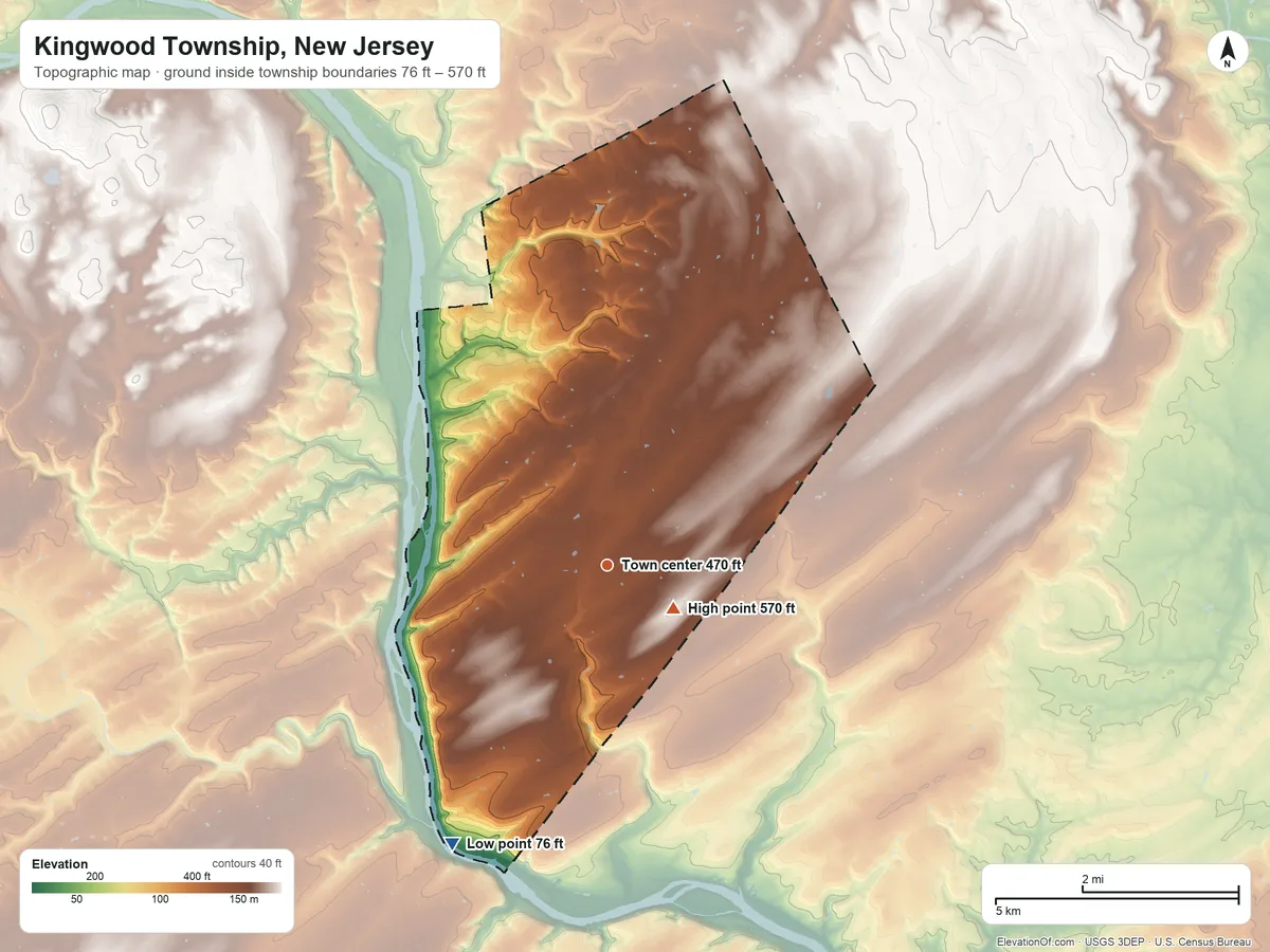 Topographic elevation map of Kingwood Township, New Jersey, shaded from 76 ft on the southwest side to 570 ft near the middle