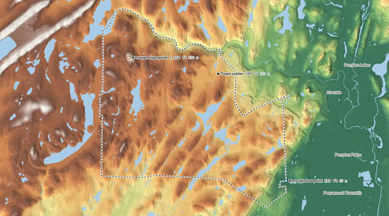 Topographic elevation map of Kinnelon, New Jersey, shaded from 210 ft on the southeast side to 1,150 ft on the west side