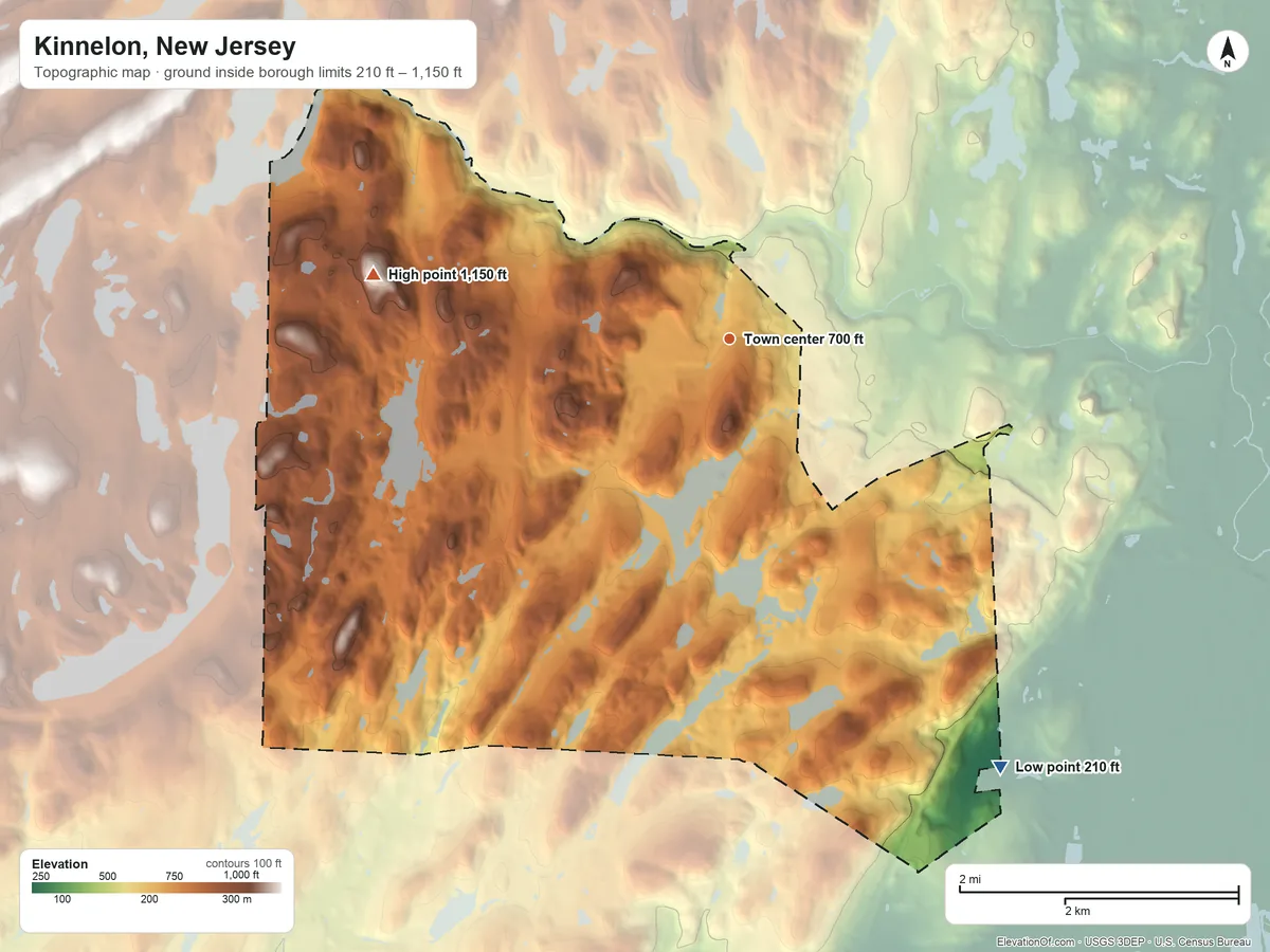 Topographic elevation map of Kinnelon, New Jersey, shaded from 210 ft on the southeast side to 1,150 ft on the west side