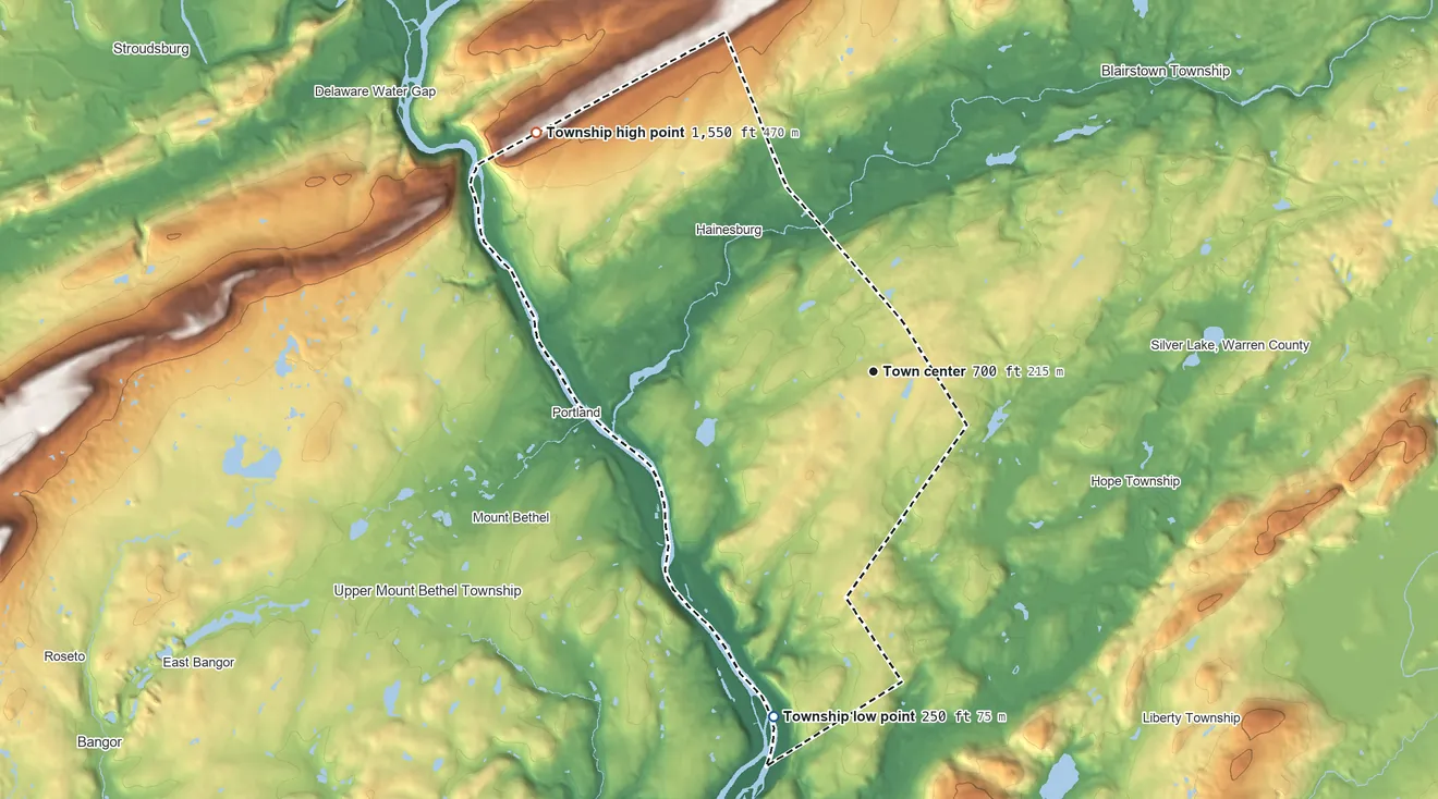 Topographic elevation map of Knowlton Township, New Jersey, shaded from 250 ft on the south side to 1,550 ft on the northwest side