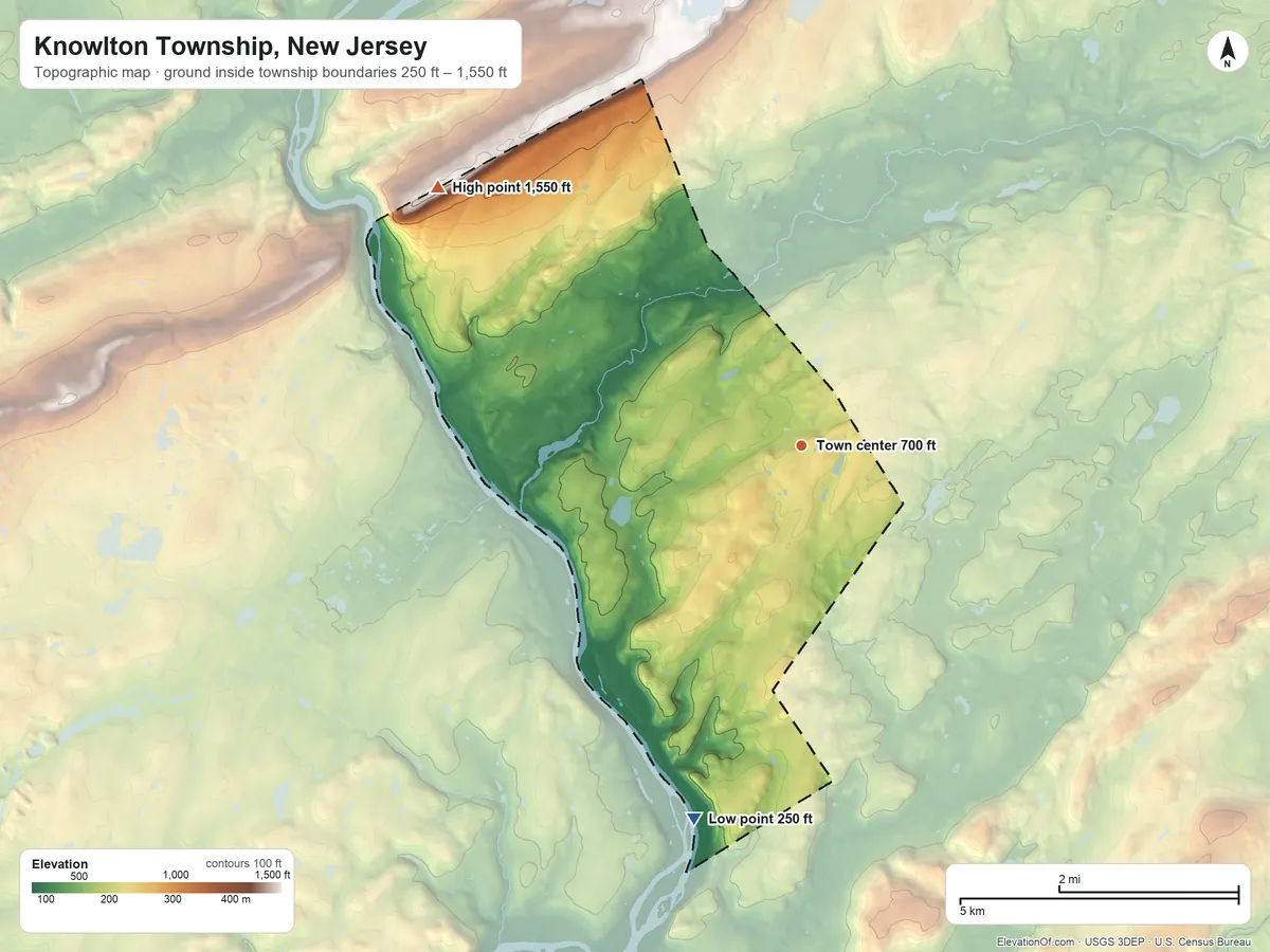 Topographic elevation map of Knowlton Township, New Jersey, shaded from 250 ft on the south side to 1,550 ft on the northwest side