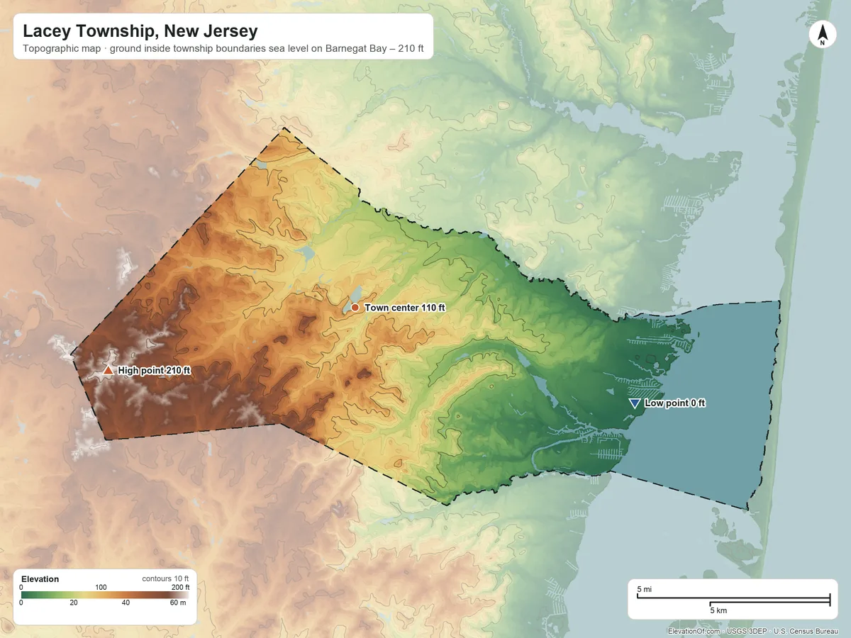 Topographic elevation map of Lacey Township, New Jersey, shaded from sea level level on Barnegat Bay to 210 ft on the west side