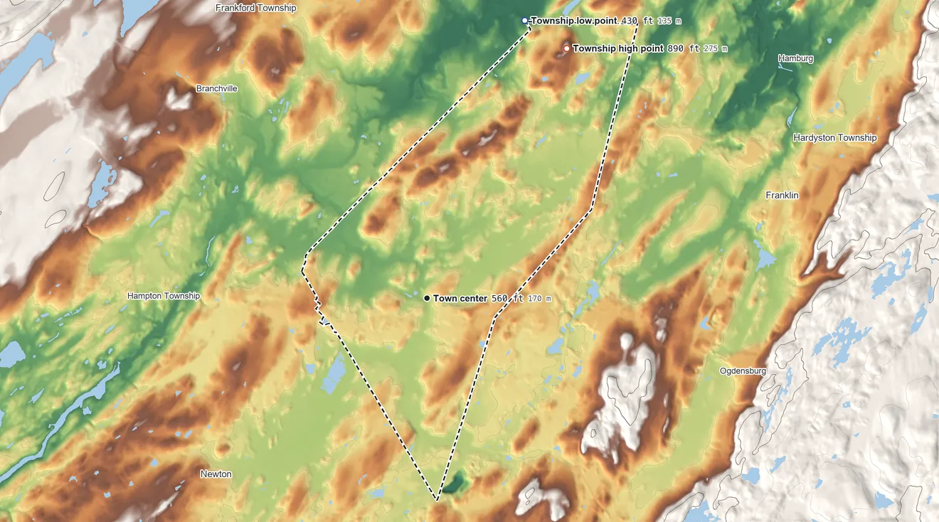 Topographic elevation map of Lafayette Township, New Jersey, shaded from 430 ft on the north side to 890 ft on the northeast side