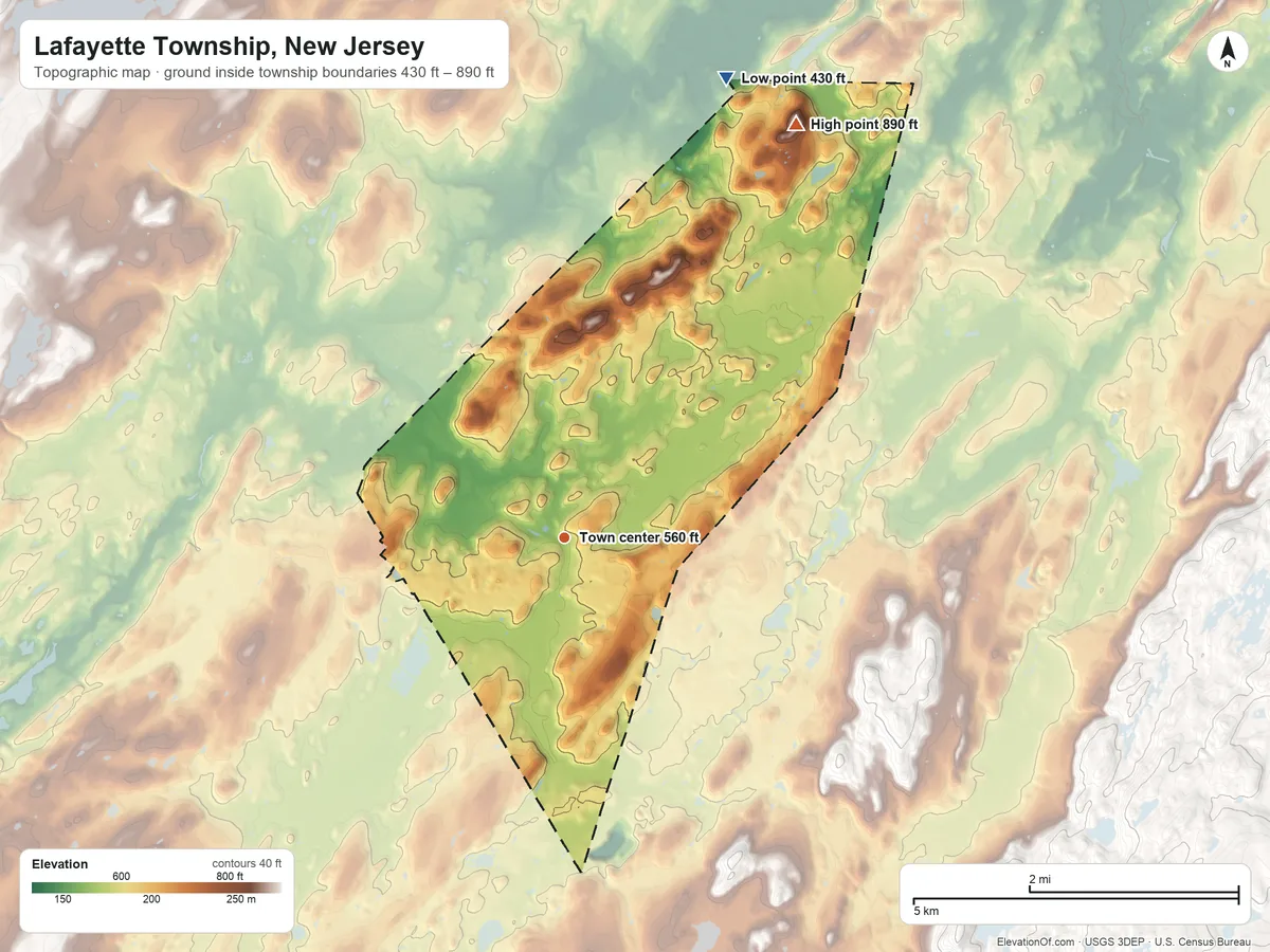 Topographic elevation map of Lafayette Township, New Jersey, shaded from 430 ft on the north side to 890 ft on the northeast side