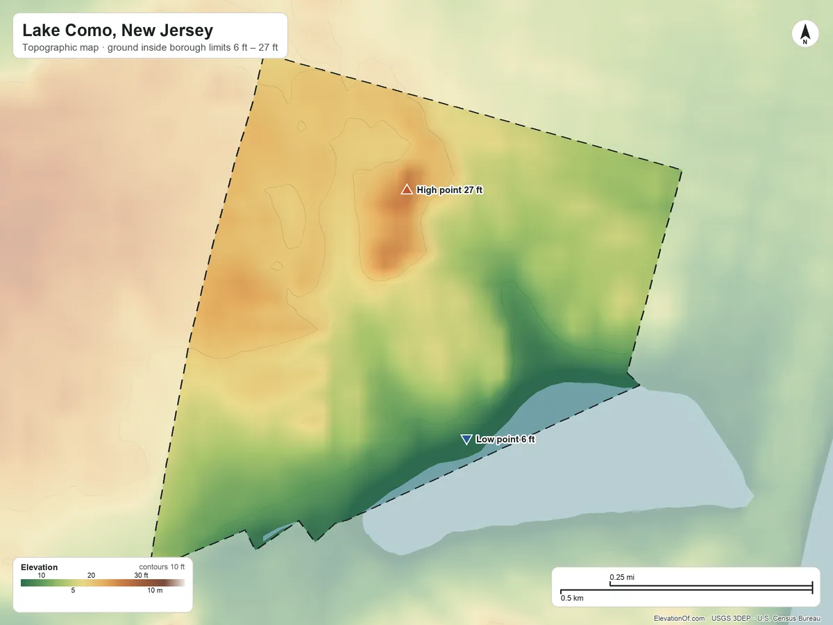 Topographic elevation map of Lake Como, New Jersey, shaded from 6 ft on the south side to 27 ft near the middle