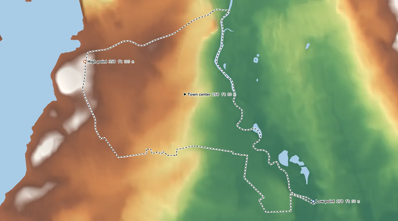 Topographic elevation map of Lake Hiawatha, New Jersey, shaded from 170 ft on the southeast side to 350 ft on the west side