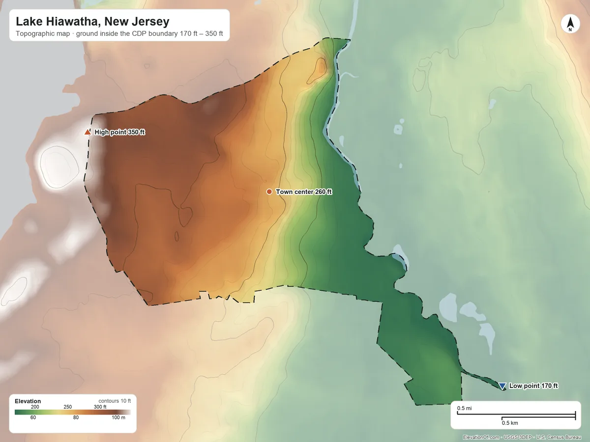 Topographic elevation map of Lake Hiawatha, New Jersey, shaded from 170 ft on the southeast side to 350 ft on the west side