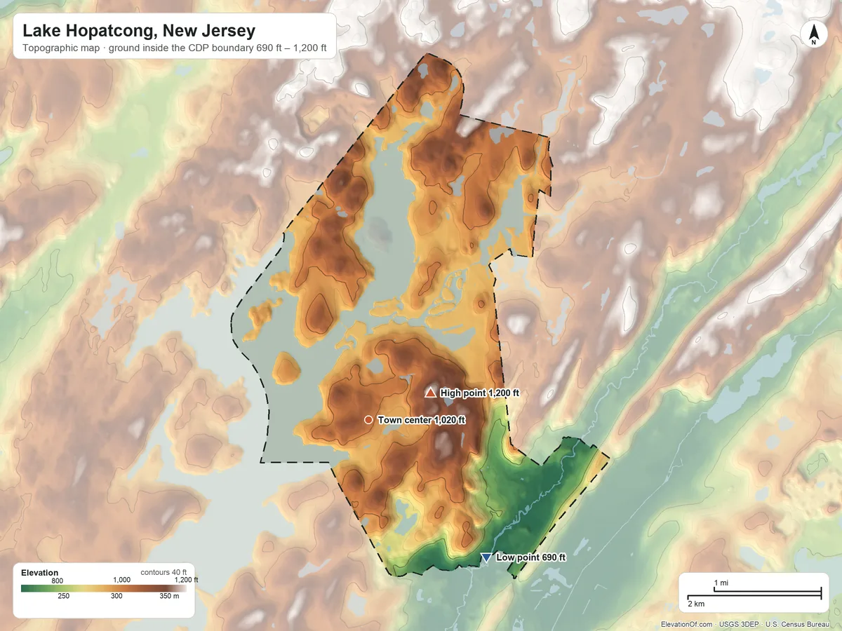 Topographic elevation map of Lake Hopatcong, New Jersey, shaded from 690 ft on the southeast side to 1,200 ft on the northeast side