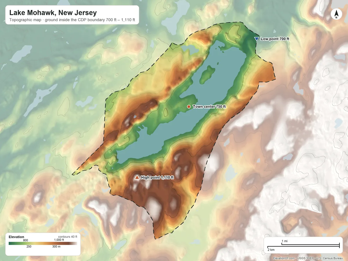 Topographic elevation map of Lake Mohawk, New Jersey, shaded from 700 ft on the northeast side to 1,110 ft on the southwest side