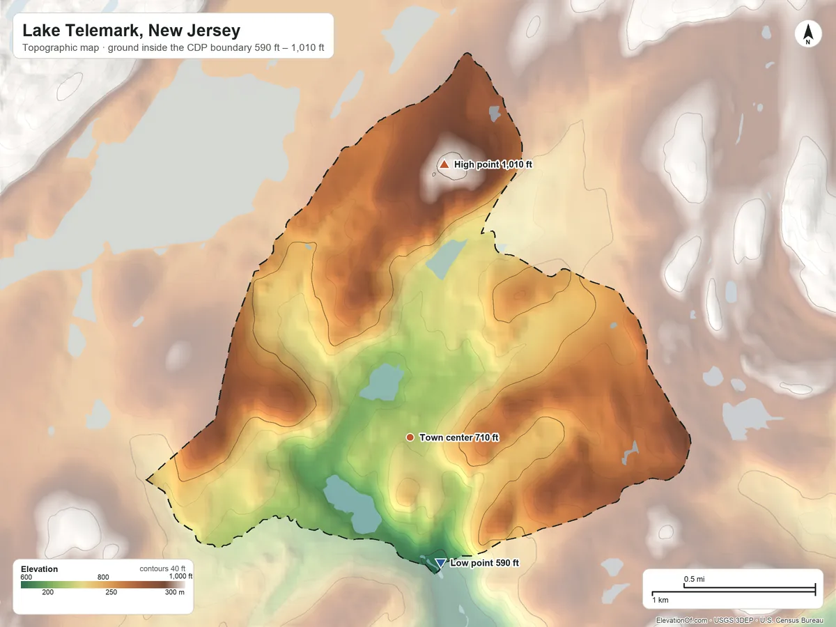 Topographic elevation map of Lake Telemark, New Jersey, shaded from 590 ft on the south side to 1,010 ft on the north side
