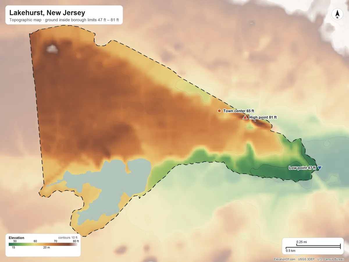 Topographic elevation map of Lakehurst, New Jersey, shaded from 47 ft on the southeast side to 81 ft near the middle