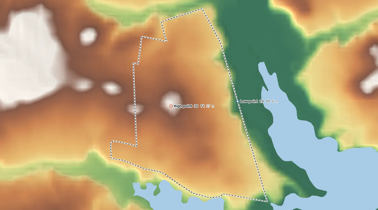 Topographic elevation map of Lakeside-Beebe Run, New Jersey, shaded from 19 ft on the northeast side to 90 ft on the northwest side