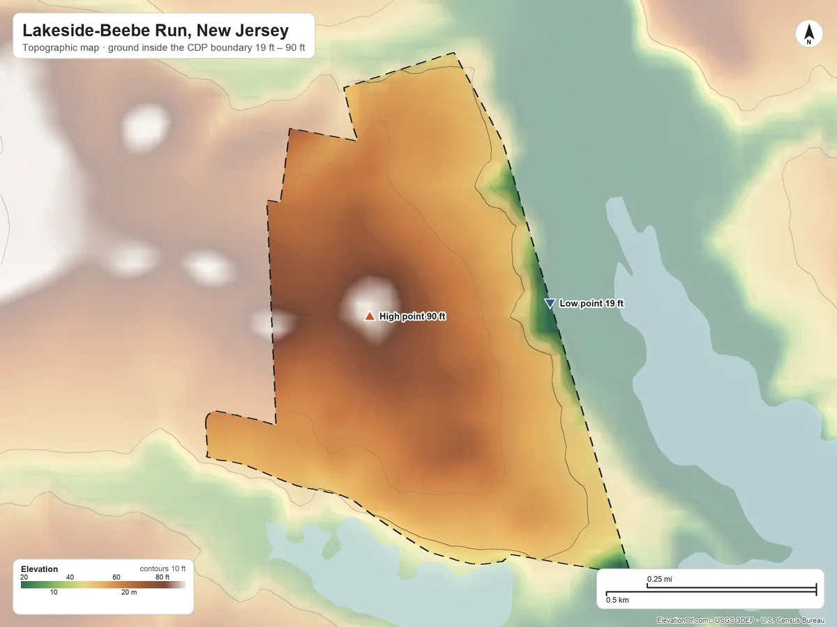 Topographic elevation map of Lakeside-Beebe Run, New Jersey, shaded from 19 ft on the northeast side to 90 ft on the northwest side
