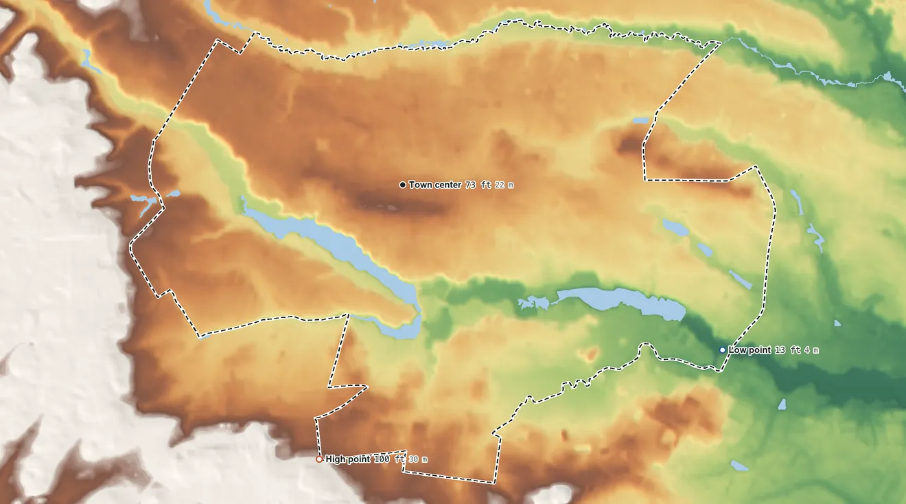 Topographic elevation map of Lakewood, New Jersey, shaded from 13 ft on the southeast side to 100 ft on the south side