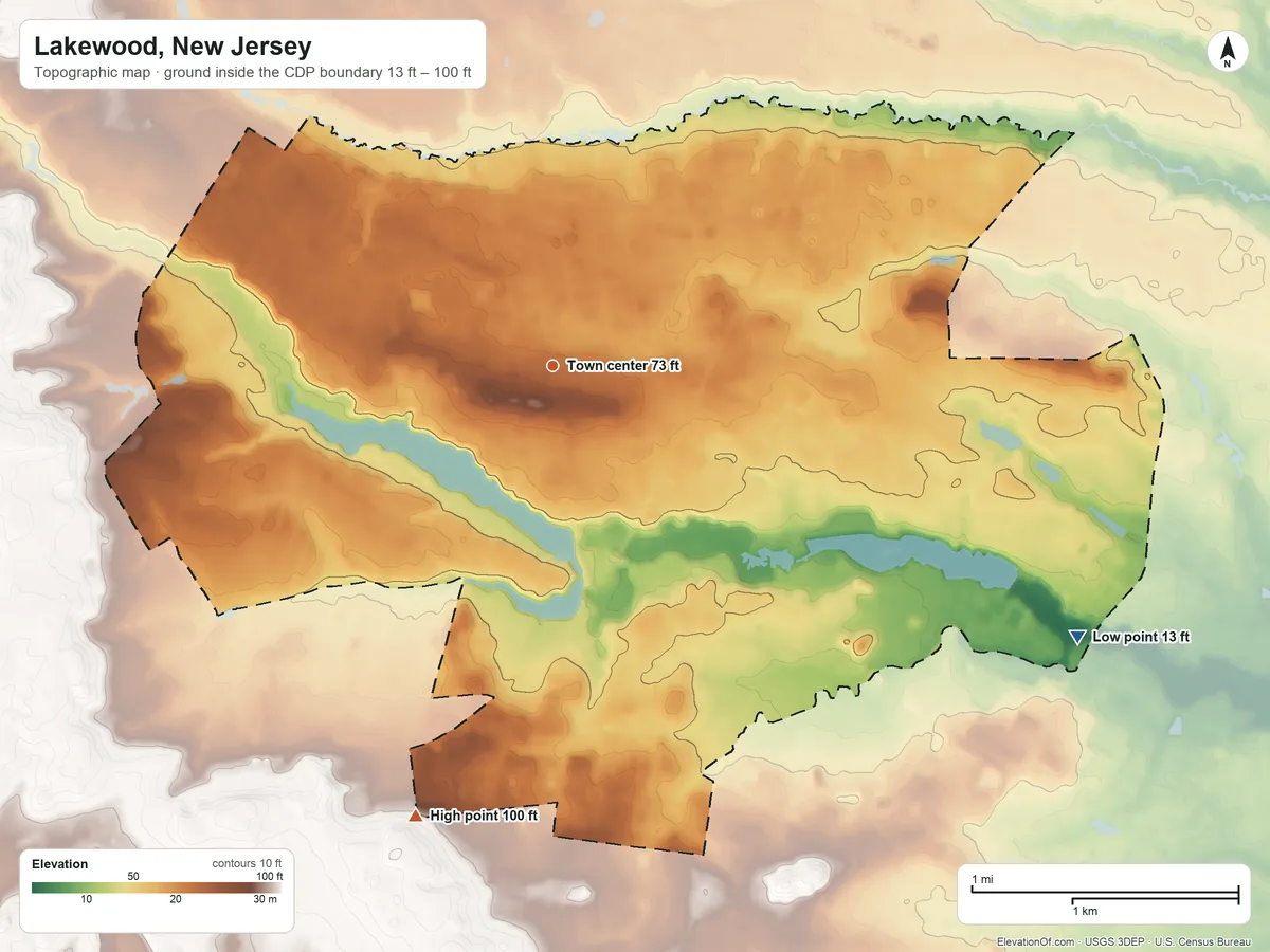 Topographic elevation map of Lakewood, New Jersey, shaded from 13 ft on the southeast side to 100 ft on the south side