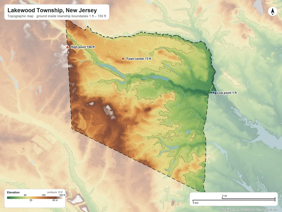 Topographic elevation map of Lakewood Township, New Jersey, shaded from 1 ft on the east side to 150 ft on the west side
