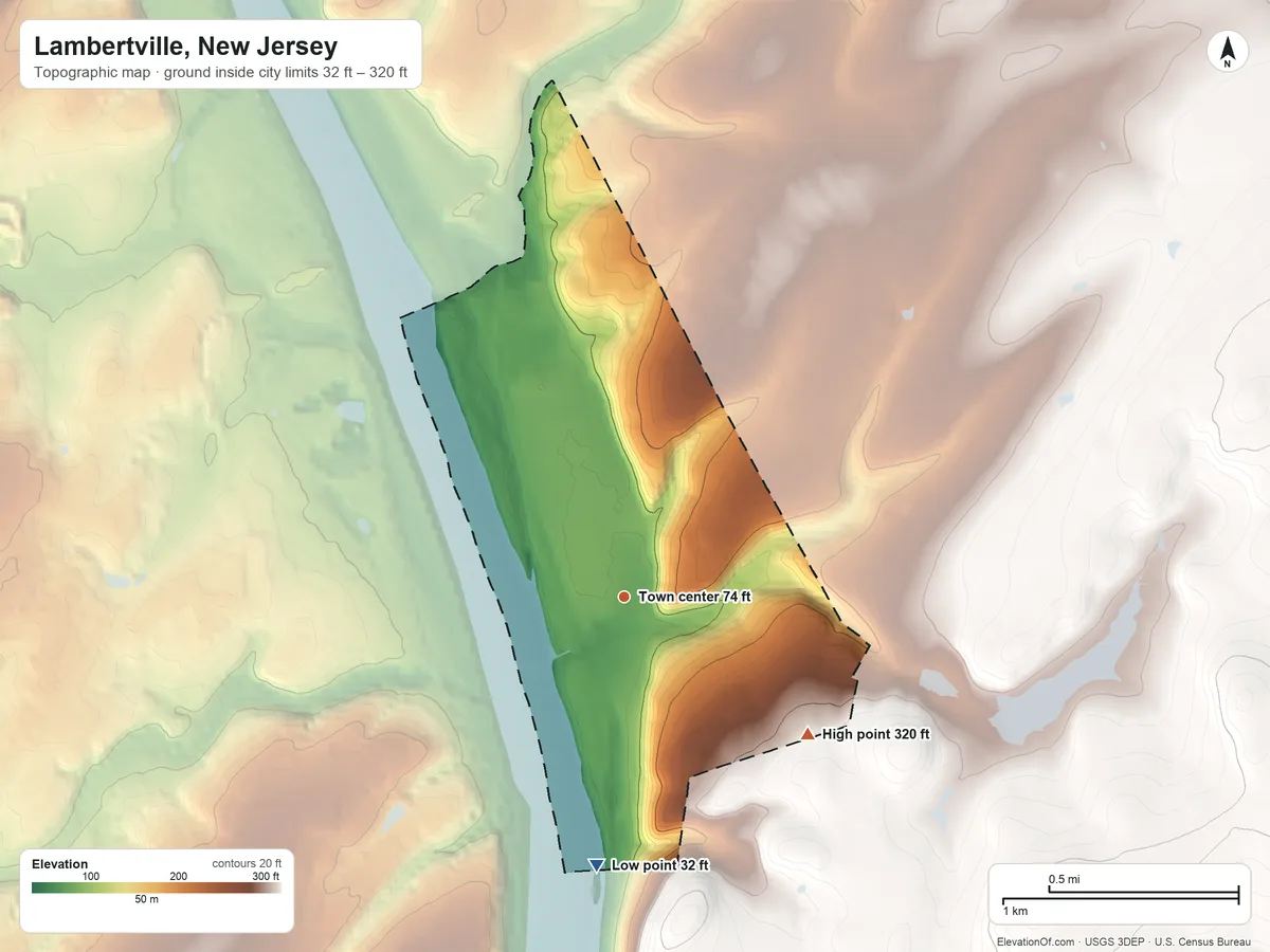 Topographic elevation map of Lambertville, New Jersey, shaded from 32 ft on the south side to 320 ft on the southeast side