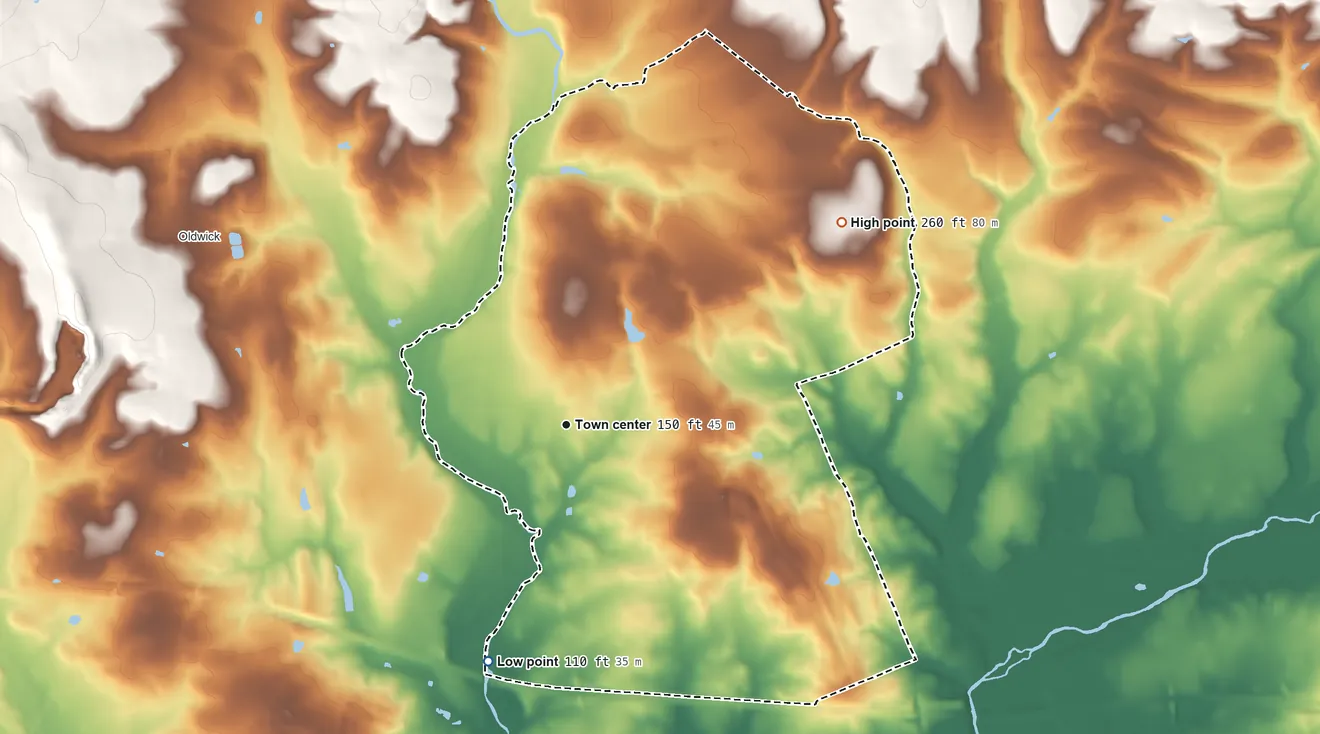 Topographic elevation map of Lamington, New Jersey, shaded from 110 ft on the south side to 260 ft on the northeast side