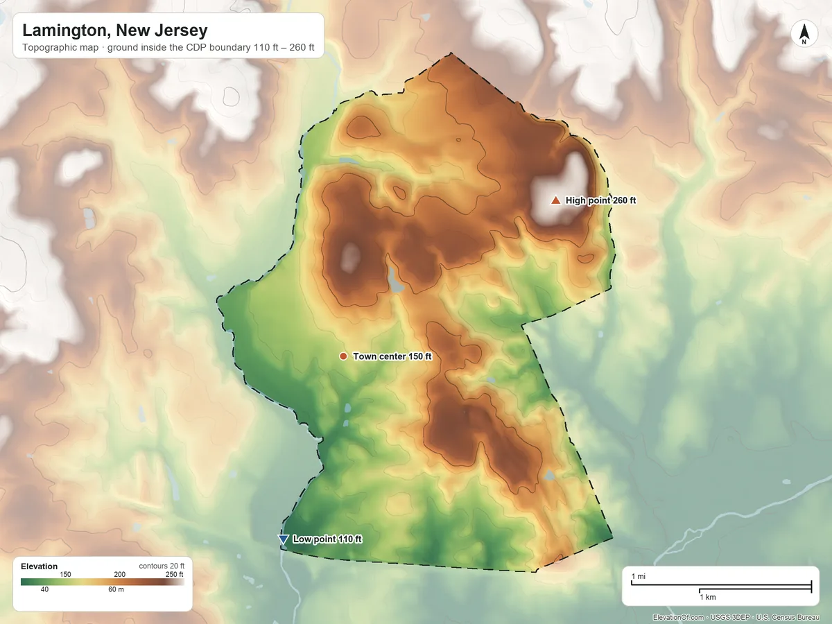 Topographic elevation map of Lamington, New Jersey, shaded from 110 ft on the south side to 260 ft on the northeast side