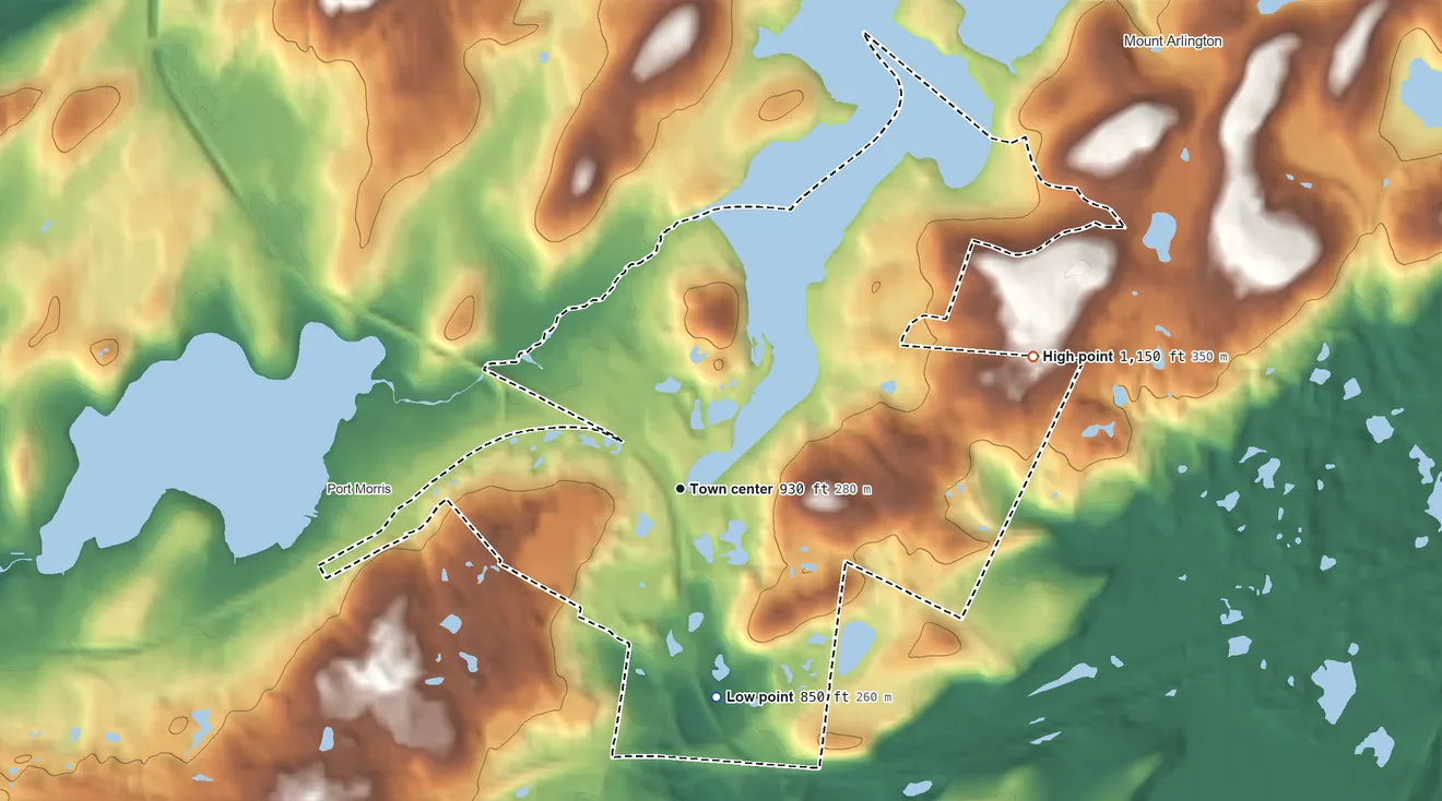 Topographic elevation map of Landing, New Jersey, shaded from 850 ft on the south side to 1,150 ft on the east side