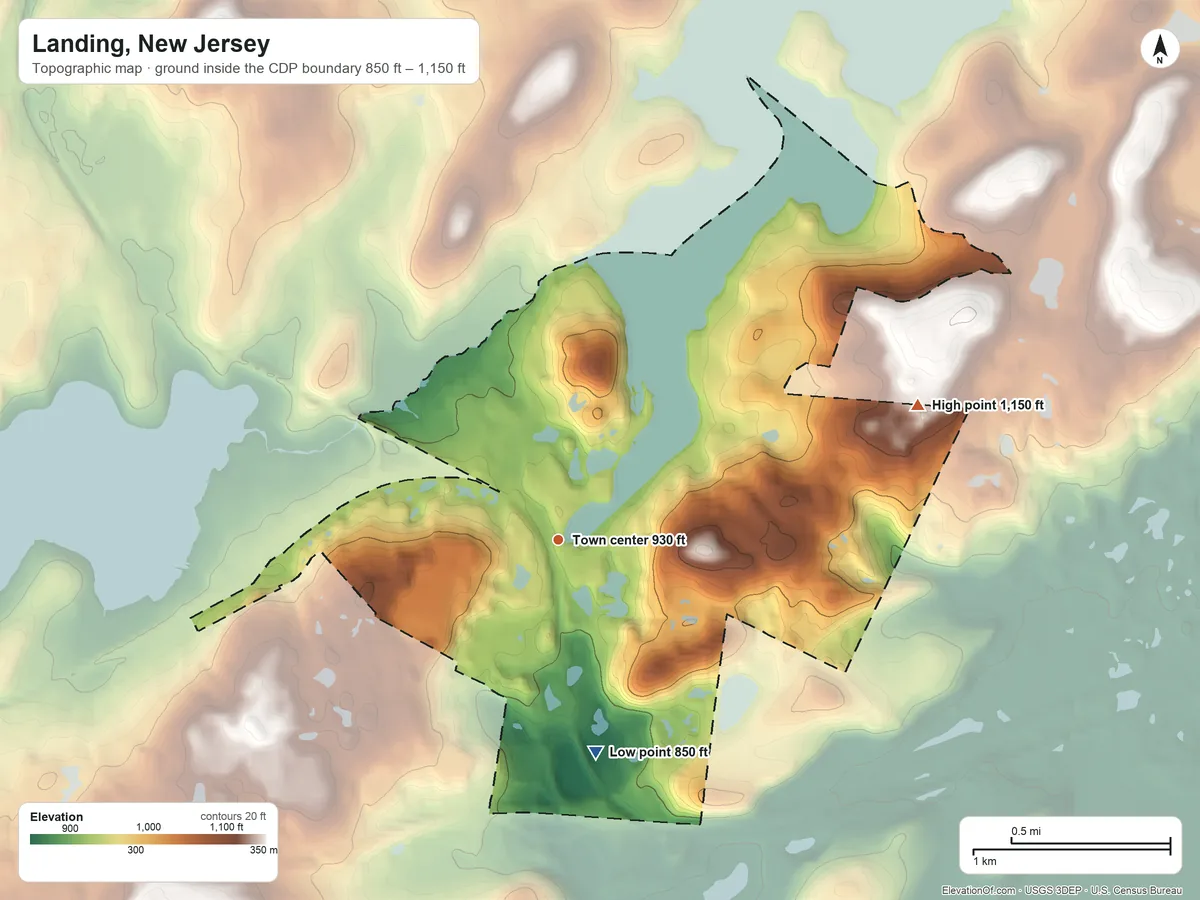 Topographic elevation map of Landing, New Jersey, shaded from 850 ft on the south side to 1,150 ft on the east side