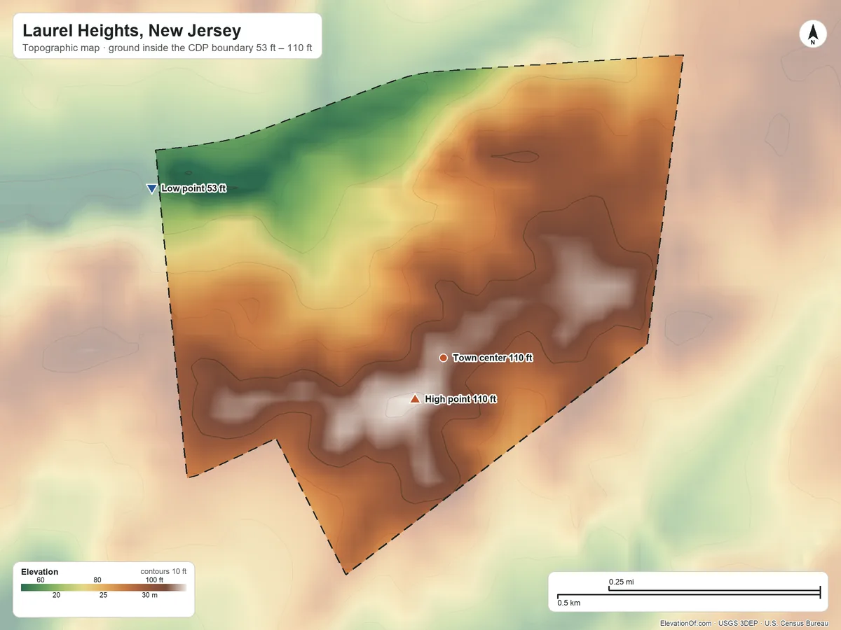 Topographic elevation map of Laurel Heights, New Jersey, shaded from 53 ft on the northwest side to 110 ft near the middle