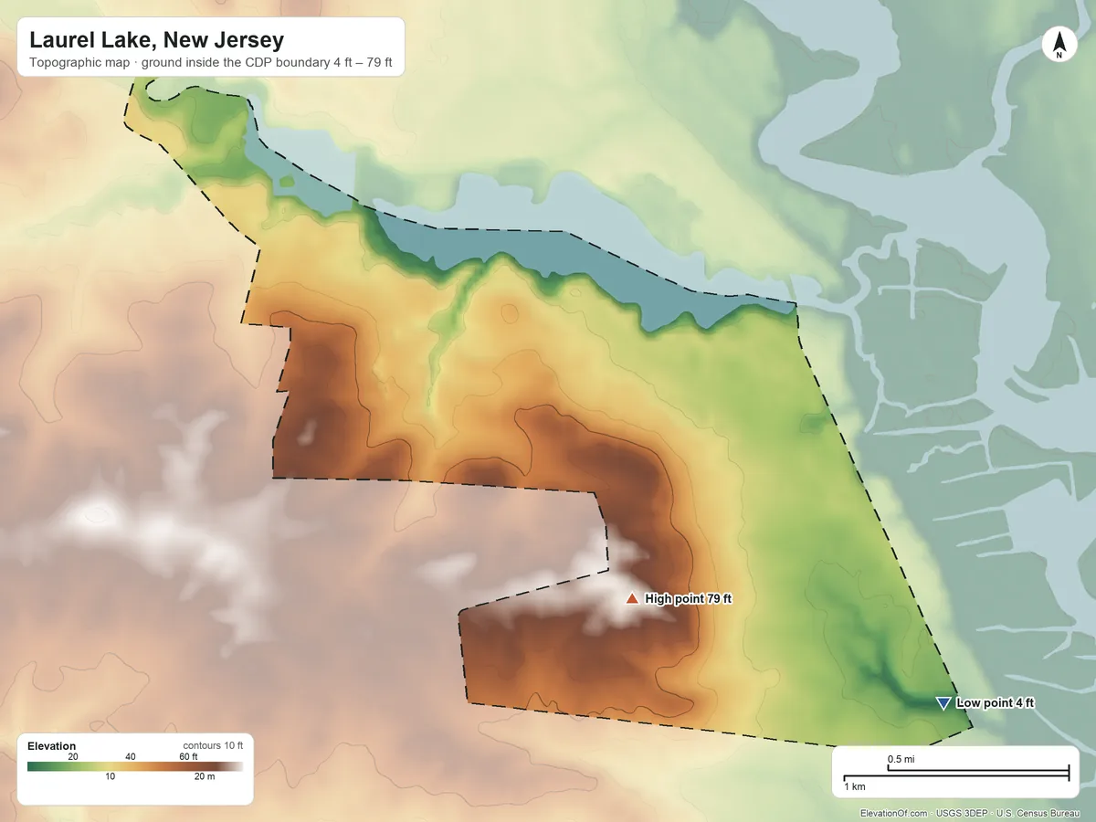 Topographic elevation map of Laurel Lake, New Jersey, shaded from 4 ft on the southeast side to 79 ft on the south side