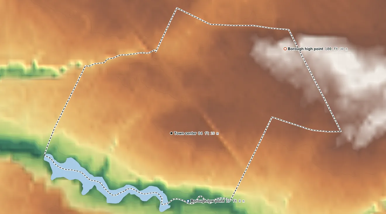 Topographic elevation map of Laurel Springs, New Jersey, shaded from 27 ft on the south side to 100 ft on the northeast side