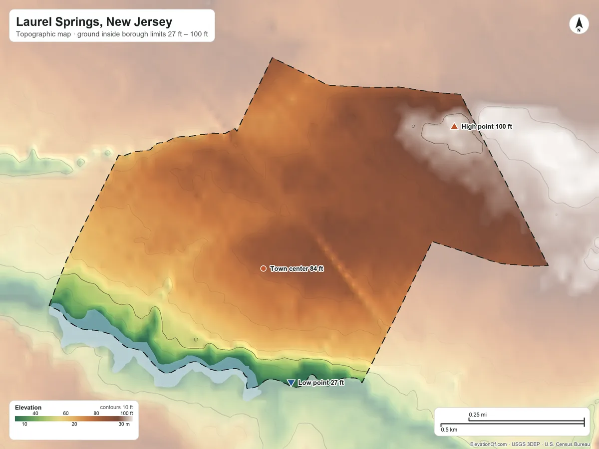 Topographic elevation map of Laurel Springs, New Jersey, shaded from 27 ft on the south side to 100 ft on the northeast side