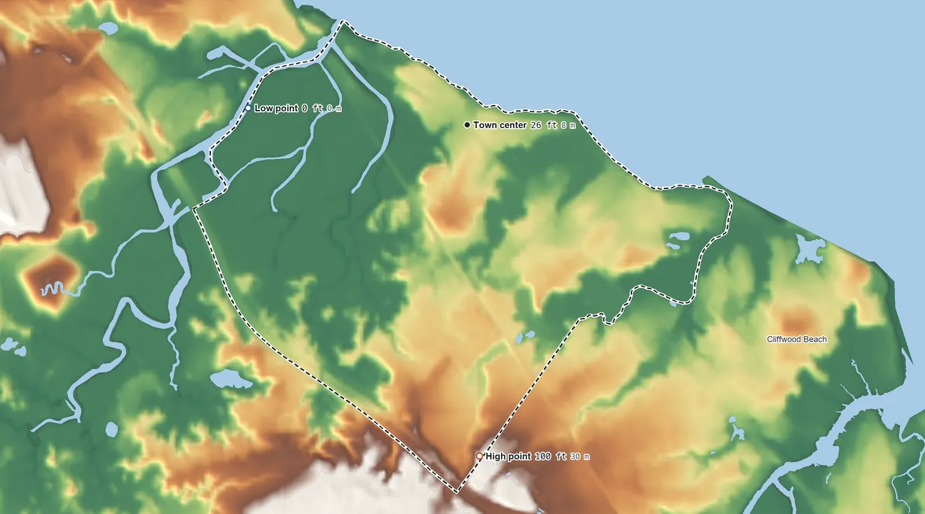 Topographic elevation map of Laurence Harbor, New Jersey, shaded from sea level level on Raritan Bay to 100 ft on the south side