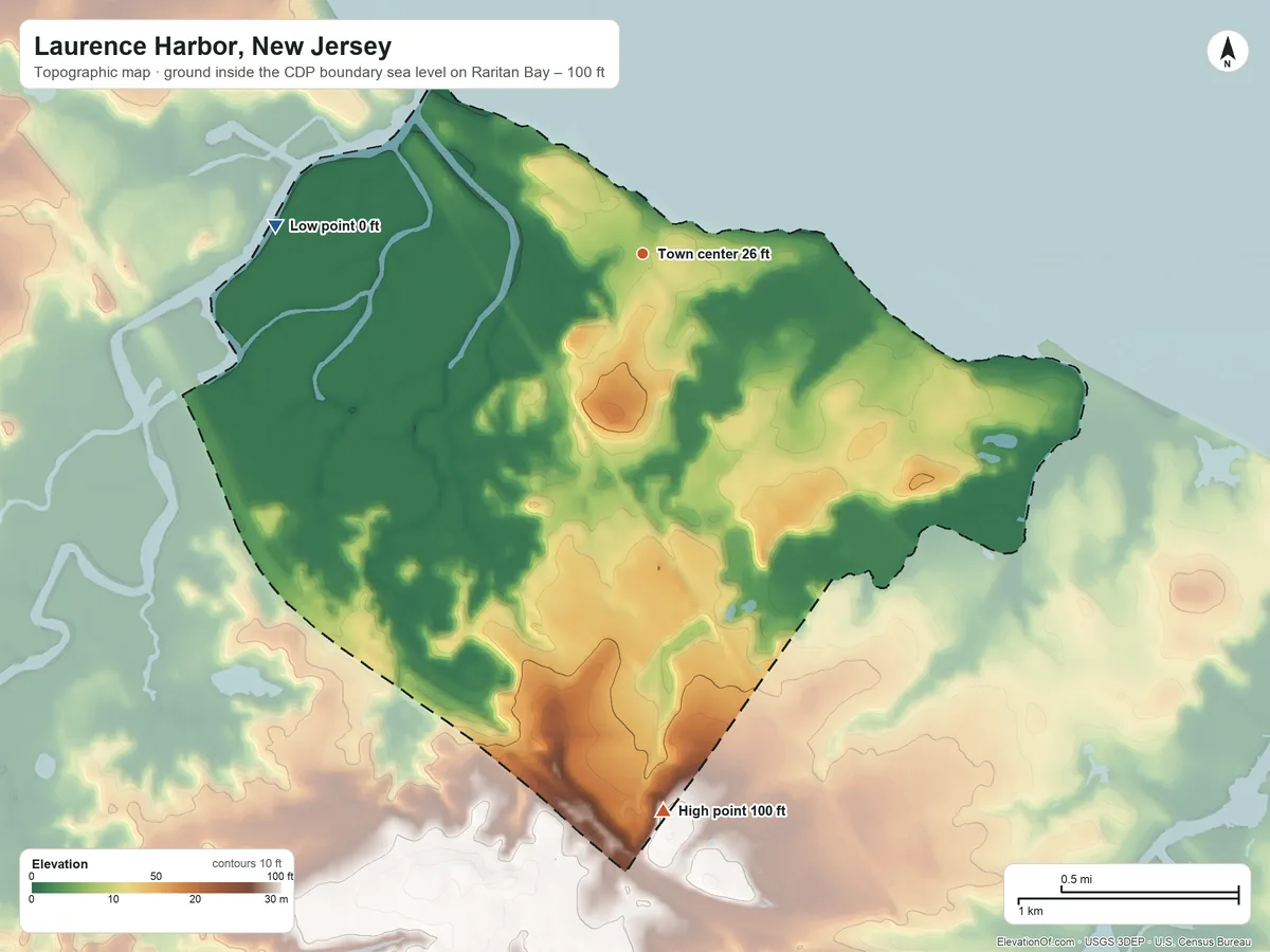 Topographic elevation map of Laurence Harbor, New Jersey, shaded from sea level level on Raritan Bay to 100 ft on the south side