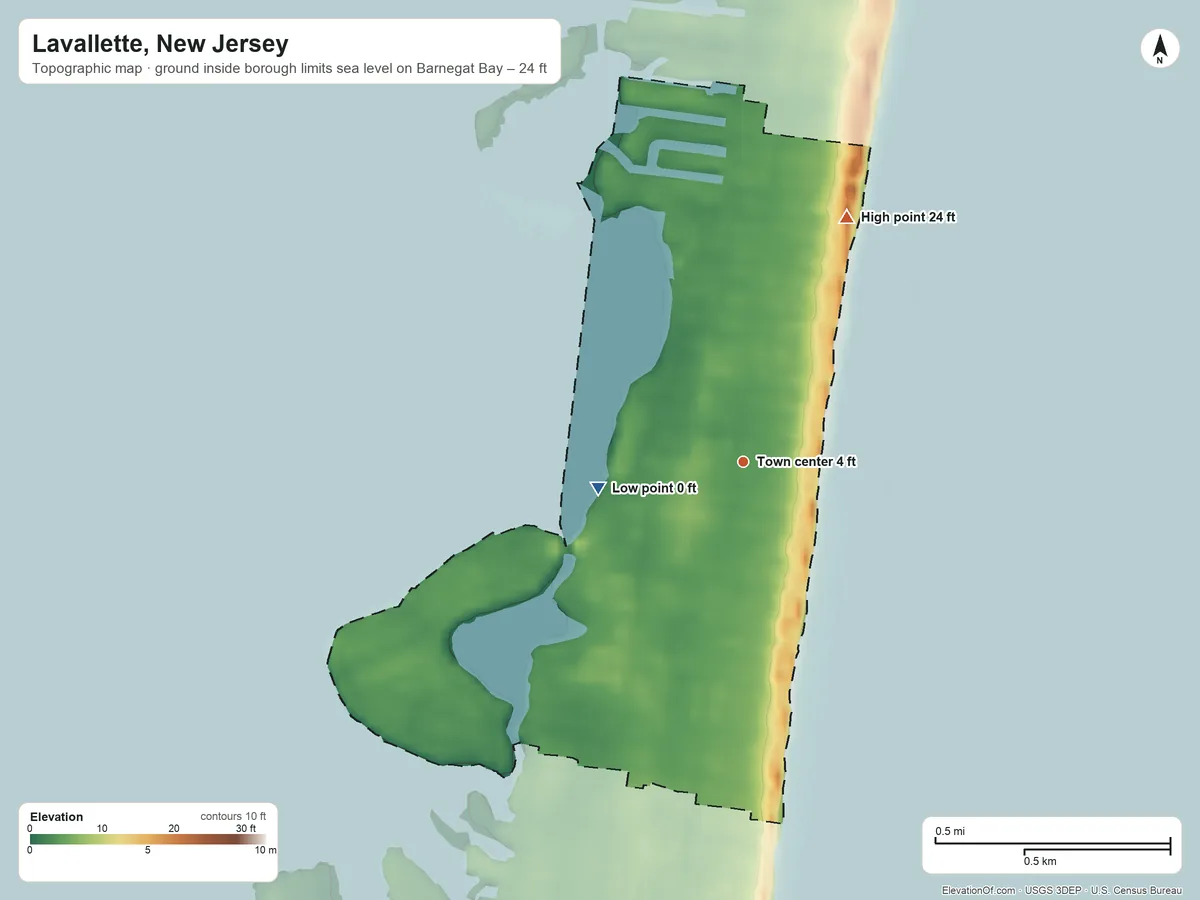 Topographic elevation map of Lavallette, New Jersey, shaded from sea level level on Barnegat Bay to 24 ft on the northeast side